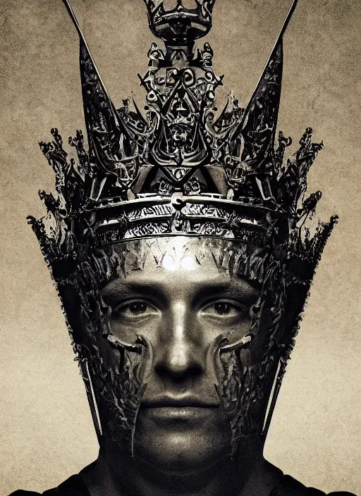 Image similar to portrait of king arthur knight with a crown with engravings, studio portrait against a black background, modern fine art, fractal, intricate, elegant, highly detailed, digital photography, subsurface scattering, in the style of ghost, by jheronimus bosch and yue minjun and giger and greg rutkowski,
