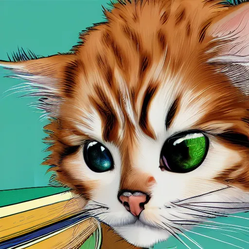 Image similar to eye - level view, a super cute maine coon kitten ate my homework and got smart, hilarious, funny, back to school comedy, digital art, animation, imax 7 0 mm, hdr