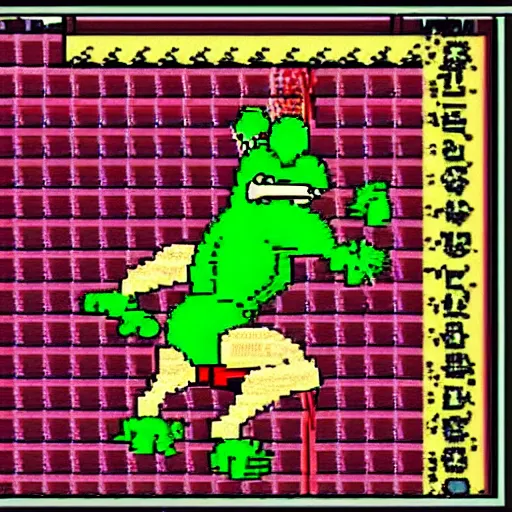 Image similar to extreme long shot, 8 bit nes graphics. antropomorphic muscular masculine pepe the frog. kickboxer fighter, in shorts. aggressive large head. art from nes game cartridge