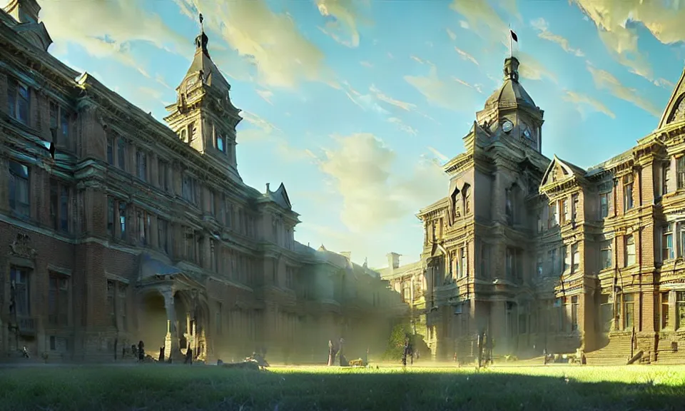 Image similar to a large victorian college building in a town, blue sky, higjly detailed, sunny, volumetric, cinematic lighting, realistic, digital art by greg rutkowski