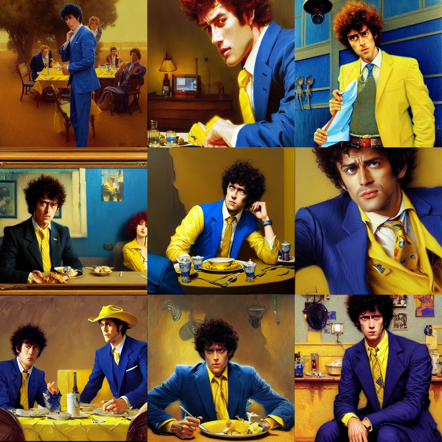 Prompt: spike spiegel from cowboy beabop at an american dinner, wearing a blue suit and tie and yellow shirt highly detailed painting by gaston bussiere, craig mullins, j. c. leyendecker 8 k