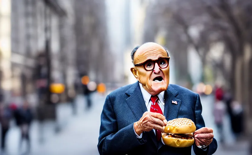 Image similar to photograph of Rudy Giuliani eating a bagel, one point perspective, 1-point perspective, tilt shift, sigma 85mm f/1.4, 4k, depth of field, high resolution, 4k, 8k, hd, full color