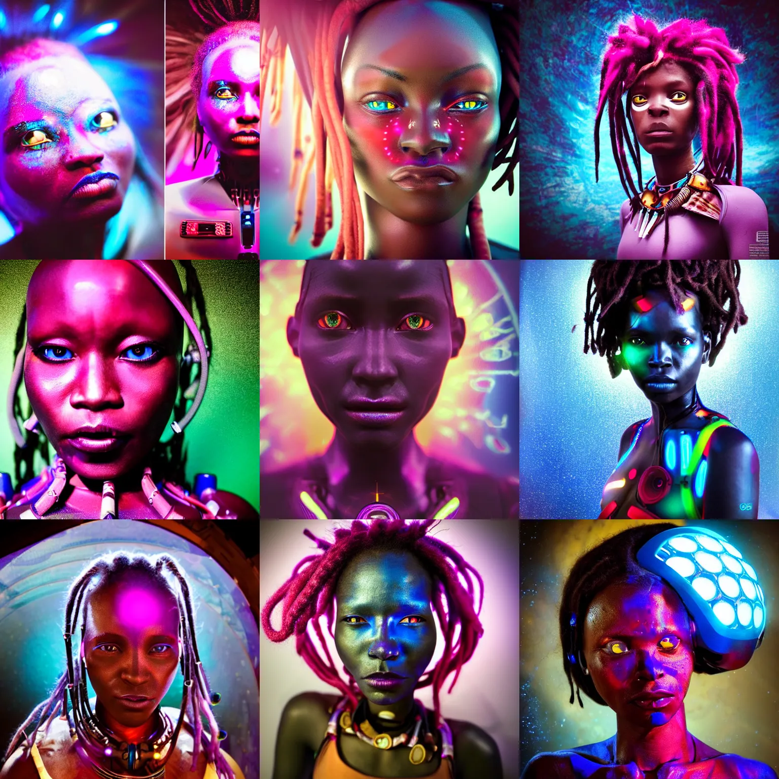 Prompt: beautiful futuristic himba woman frowning inside a spaceship, glowing magenta mechanical eyes, robotic prosthetic arms, blue glass dreadlocks, hyperrealistic, sci - fi, dramatic lighting, intricate, soft focus, assymetrical