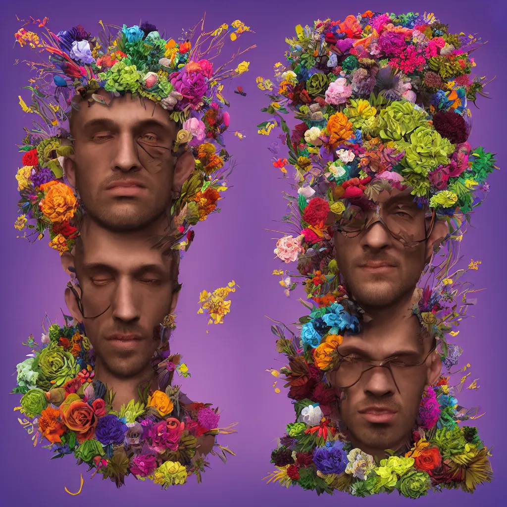 Image similar to a raytraced image album cover of a man with a strange hat on his head, behance contest winner, award winning, masterpiece, pop surrealism, made of flowers, surrealist