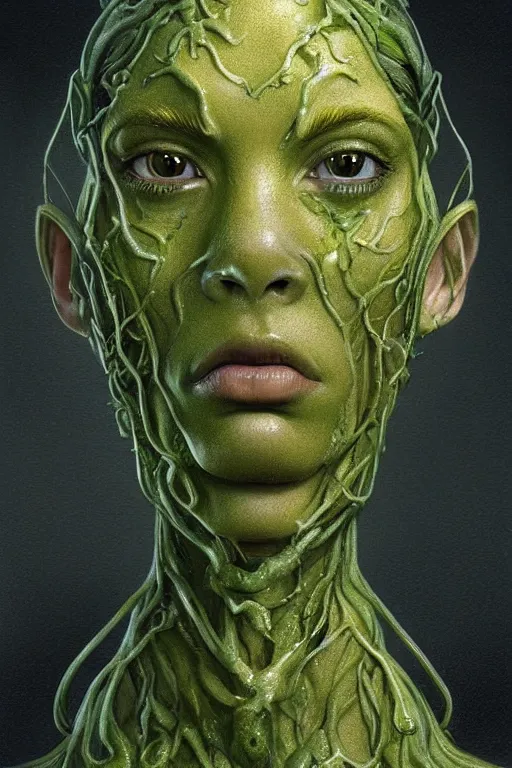 Image similar to beautiful portrait of a mutant algae plant character, intricate, dystopian, eyelashes, extremely detailed, digital painting, sculpted in zbrush, artstation, concept art, smooth, sharp focus, illustration, chiaroscuro soft lighting, golden ratio, rule of thirds, fibonacci, incredible art by Stanley Artgerm Lau and Greg Rutkowski, composition by mike mignola and Simon Stalenhag,