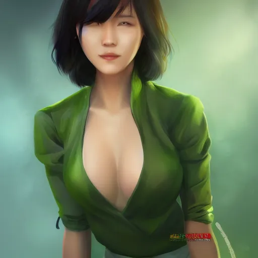 Image similar to beautiful asian woman with smooth skin and green short hair, by nick silva, ja mong, digital, trending artstation