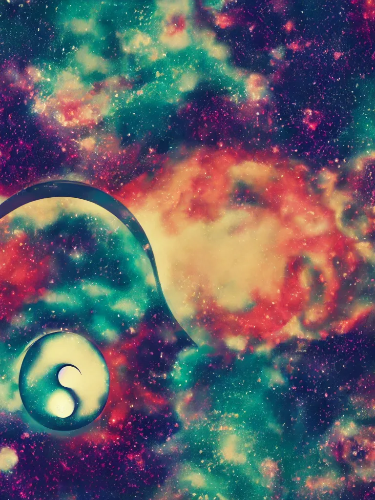 Image similar to ying yang symbol, composed of stars and colorful nebulas vintage, hokusai style, alfons mucha style, + octane render + hyper realistic