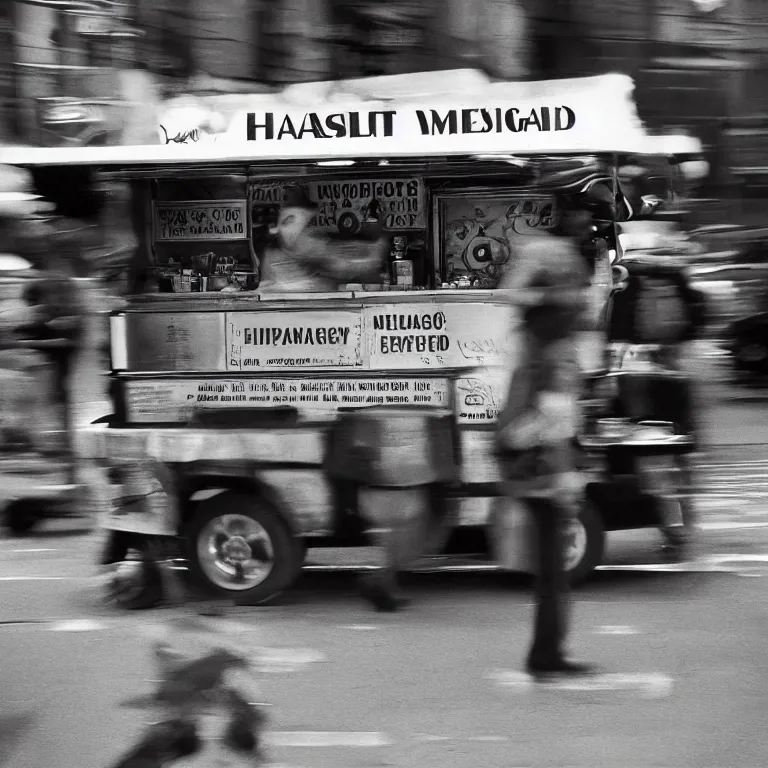 Prompt: analog medium format film motion blur food truck in new york, 1 9 6 0 s hasselblad film street photography, featured on unsplash, photographed on vintage expired colour film
