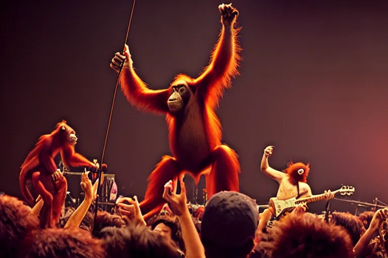 Image similar to vfx film, singing orangutan rockstar onstage band concert, flat color profile low - key lighting award winning photography arri alexa cinematography, big crowd, hyper real photorealistic cinematic beautiful, atmospheric cool colorgrade