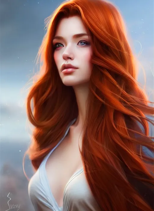 Image similar to a gorgeous female with long auburn hair in the style of stefan kostic, realistic, full body shot, wide angle, sharp focus, 8 k high definition, insanely detailed, intricate, elegant, art by stanley lau and artgerm, floating embers