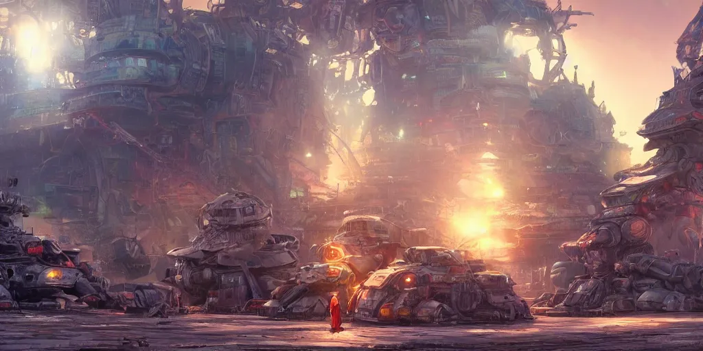 Prompt: beautiful trash girl at the junkyard of an old starships and mecha robots against a huge colossal star buddhism temple, concept art by john howe and hamish frater, artstation, glowing light, cinematic illustration 8 k