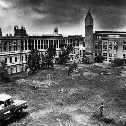 Image similar to university campus during zombie invasion, circa 1 9 4 5, hd, award - winning