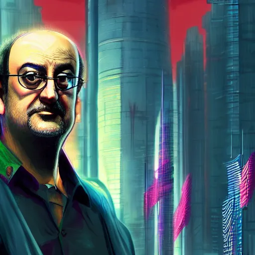 Image similar to cyberpunk salman rushdie as the leader of a futuristic communist nation, cybernetics, sharp lines, digital, artstation, colored in