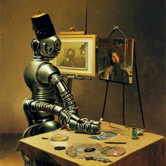 Prompt: robot artist painting a self - portrait on a canvas. intricate, highly detailed, photorealistic, film still, by carl spitzweg.