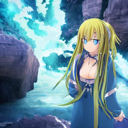 Image similar to rimuru tempest from that time i got reincarnated as a slime, with long blue hair in a ponytail, with bangs, pale skin, yellow eyes, fully clothed in red robes, highly detailed, 8 k, octane render, professional portrait, realistic, rainy window, volumetric lighting, water droplets frozen in time, sprites, god rays,