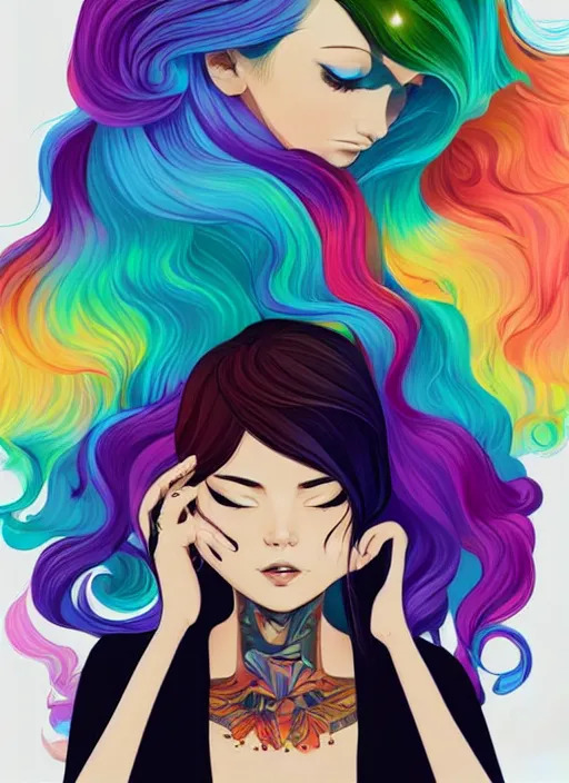 Image similar to a young woman with beautiful rainbow hair and lots of tattoos. clean cel shaded vector art. shutterstock. behance hd by lois van baarle, artgerm, helen huang, by makoto shinkai and ilya kuvshinov, rossdraws, illustration, art by ilya kuvshinov