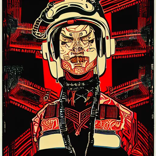 Image similar to Illustrated by Shepard Fairey and H.R. Geiger | Cyberpunk Samurai with VR helmet, surrounded by cables