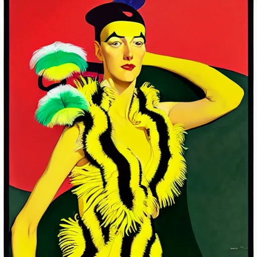 Image similar to art by joshua middleton, a medium shot portrait of the golden creeper, a tall manically smiling yellow - skinned woman with green and black striped cycling shorts and wearing a long red and black striped ostrich feather boa, yellow makeup, mucha, kandinsky, poster, art deco motifs, comic art, stylised design, scarlet feather boa