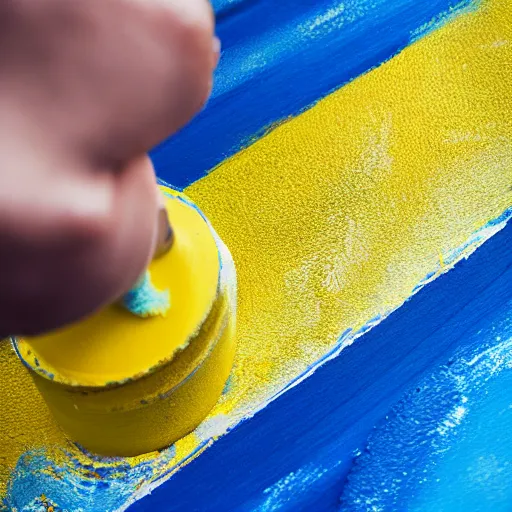 Prompt: a photo of blue paint mixing with yellow paint on an artist's canvas