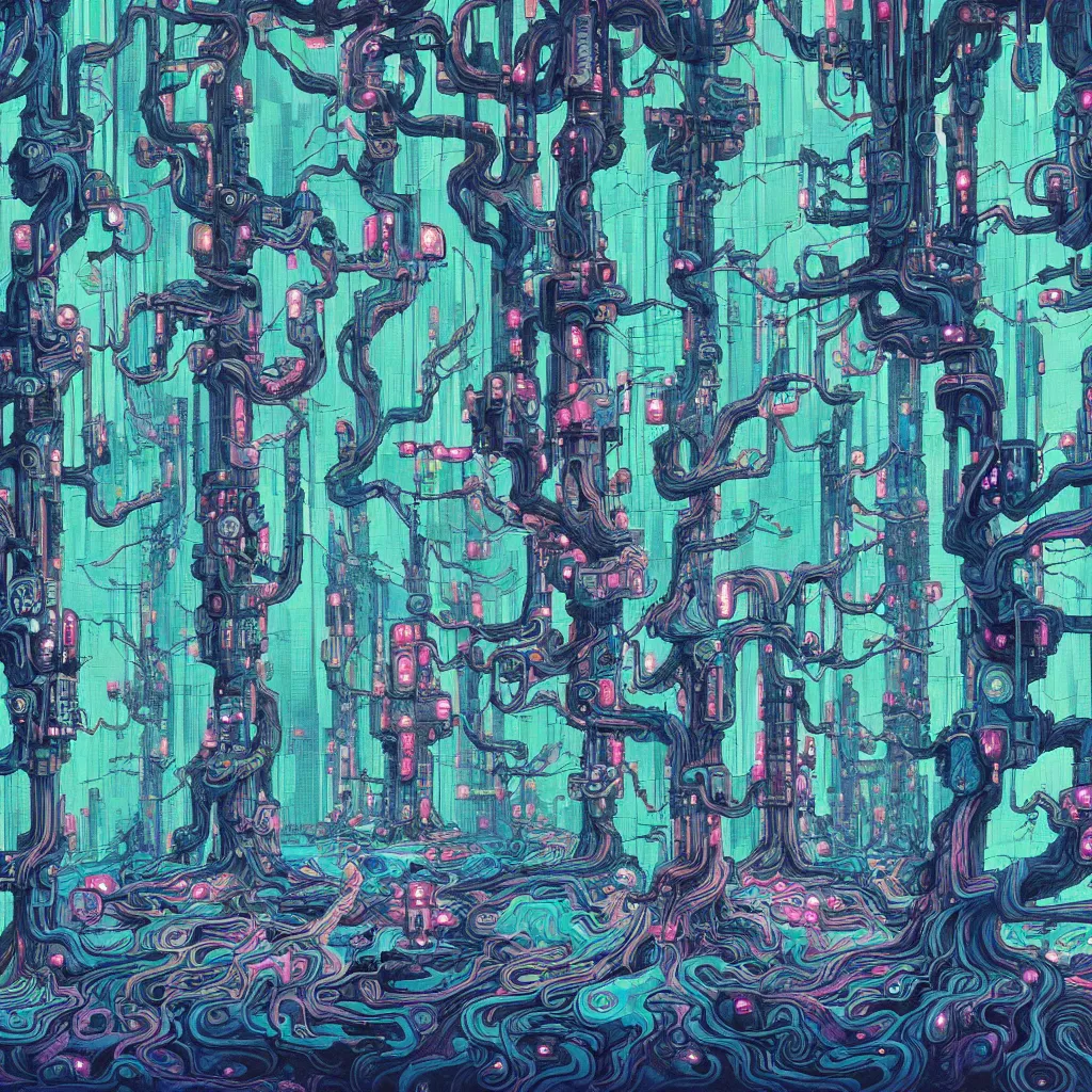 Image similar to acid trees in oil, cyberpunk, by james jean, photoillustration, mystical baroque, pastel synthwave