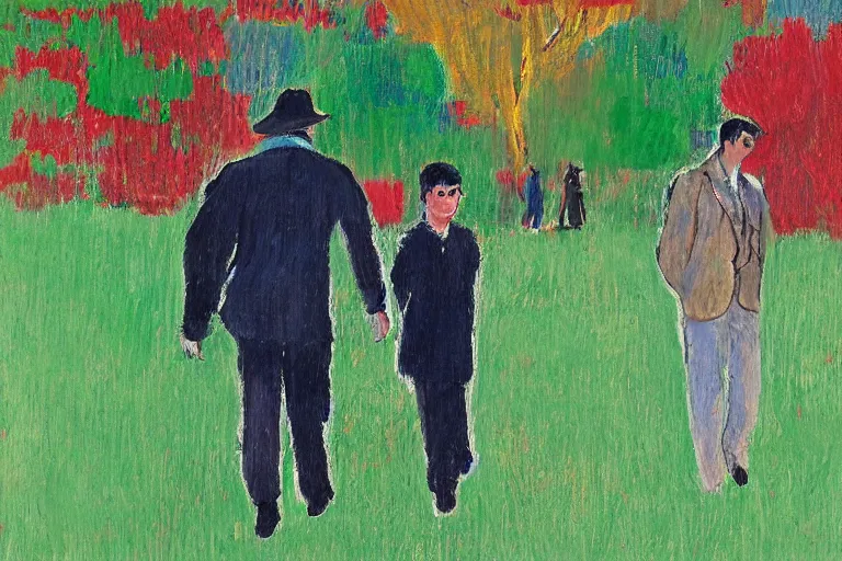 Image similar to a very tall man named John with dark hair holding the hands of a short young boy named Alex with dark hair as they walk in a park on a bright beautiful colorful day. part in the style of an edgar degas painting. part in the style of david hockney