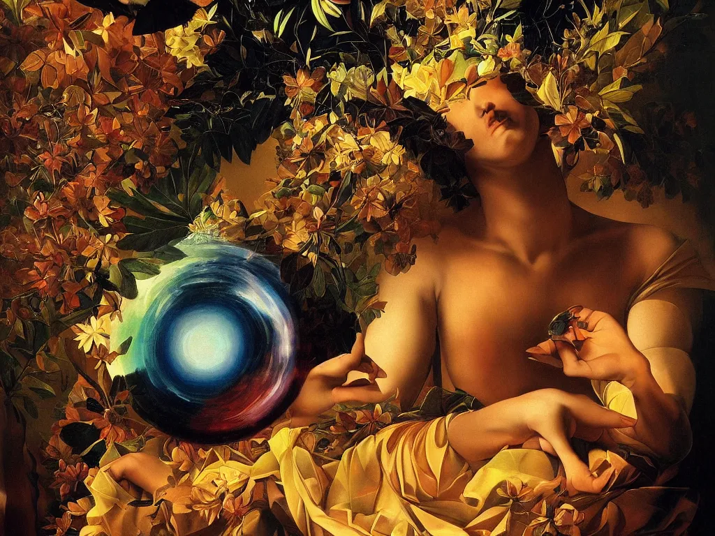 Prompt: hyperrealistic still life painting of a beautiful goddess with her third eye blasting open into a new dimension, wrapped in fabric and gently smiling, surrounded by prisms in a tesseract, by Caravaggio, botanical print, surrealism, vivid colors, serene, golden ratio