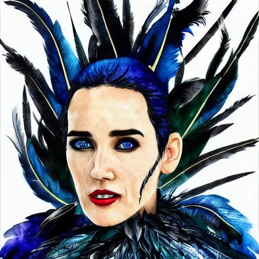 Image similar to detailed colorful watercolor of jennifer connelly as odile the black swan, disney villain, black feathers instead of hair, black feathers growing out of skin, shapeshifting, black feathers growing out of face, floating in zero gravity on spacecraft, science fiction, highly detailed, comic book cover, mike mignogna, david mack, trending on artstation