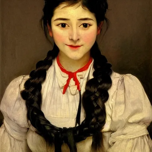 Prompt: a ((sadly)) (((smiling)))) black haired, young hungarian servantmaid from the 19th century who looks very similar to (((Lee Young Ae and Lee Young Ae))) with a two french braids, detailed, soft focus, realistic oil painting by Manet, John Everett Millais, Munkácsy, Csók István, and da Vinci