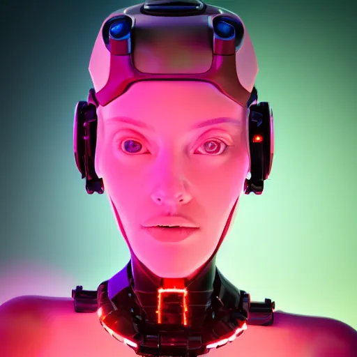 Image similar to a portrait of a female cyborg, fashion, streak lights, ligjt trail, color gel, photogtaphy, photorealistic, canon r 5, wide angle, 3 d rendered, maya