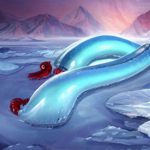 Image similar to giant jello worm in a icy desert, ice, snow, cold, by the tony sart, artstation