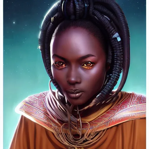 Image similar to african female, jedi master, wearing the traditional jedi robe, beautiful and uniquely odd looking, detailed symmetrical close up portrait, intricate complexity, in the style of artgerm and ilya kuvshinov, magic the gathering, star wars art