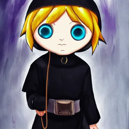 Prompt: little boy wearing nun outfit, blonde hair, blue eyes. purple and black color palate, detailed soft painting, made in abyss art style, inspired in hirohiko araki, anatomically correct