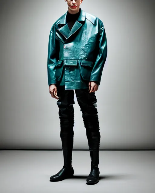 Image similar to an award - winning photo of a male model wearing a baggy teal distressed medieval leather menswear harrington jacket by issey miyake, 4 k, studio lighting, wide angle lens
