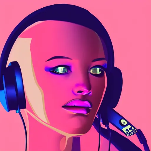 Prompt: a close up of a female face with headphones and retro colours, synthwave style, 2d digital vector art