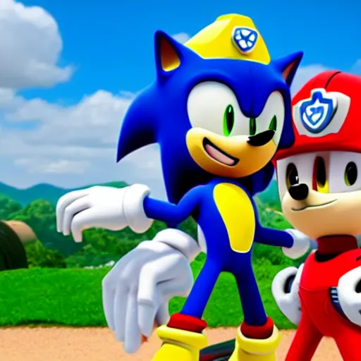 Image similar to sonic with the paw patrol crossover episode, cartoon network stillframe, good looking, hd, 4 k, hdr, smooth, sharp focus, high resolution, award - winning