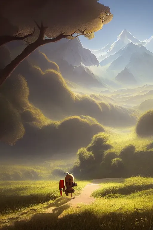 Image similar to beautiful matte painting by goro fujita concept empty world art fantasy path mountains and meadow in the background near a lake reflecting the trees, atmospheric lighting, painted, intricate, volumetric lighting, beautiful, rich deep colors masterpiece, sharp focus, ultra detailed by