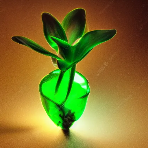 Prompt: realistic photo of an alien orchid with a large glowing green crystal instead of a flower, hyper realistic