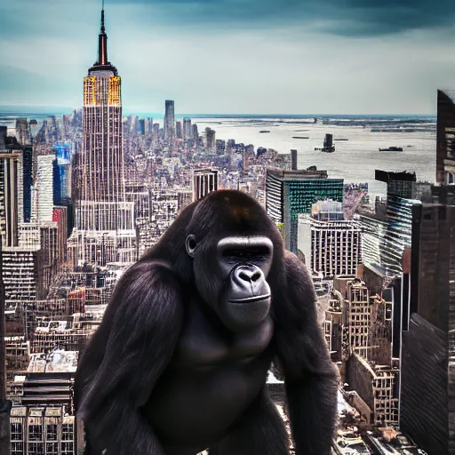 Image similar to giant gorilla on the top of new york, beautiful dynamic lighting, cinematic, extremely high detail, photo realistic, cinematic lighting, 8 k