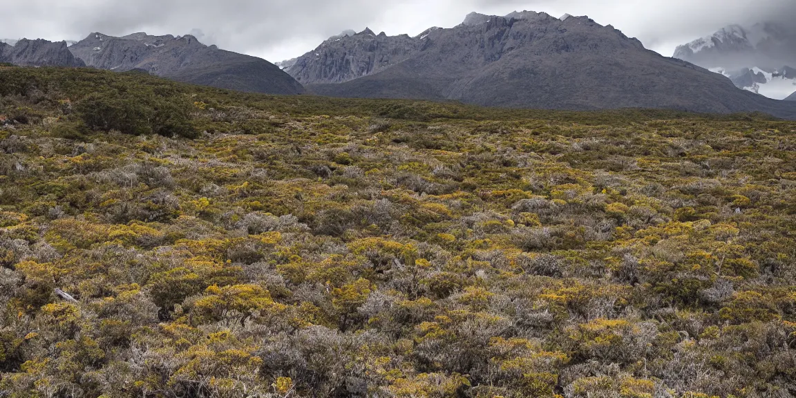 Prompt: Ground view of Rocky clearing in the Patagonian temperate forests. Magellanic, mountainous area. Rare flora, Nothofagus, a few twisted and bent trees. windy environment, shrubs, rocky and poorly drained. Crowberries. Overcast, cloudy. September 12th. Patagonian Chile and Argentina. Trending on Artstation, deviantart, worth1000. By Greg Rutkowski. National Geographic and iNaturalist HD photographs