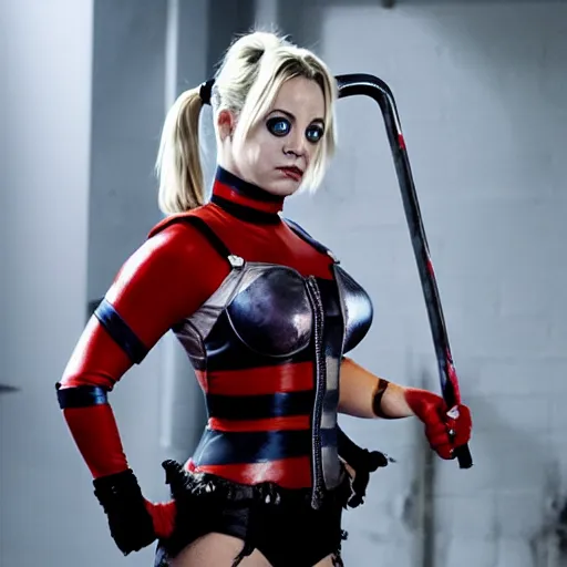 Image similar to A still of Kaley Cuoco as Harley Quinn, full-figure