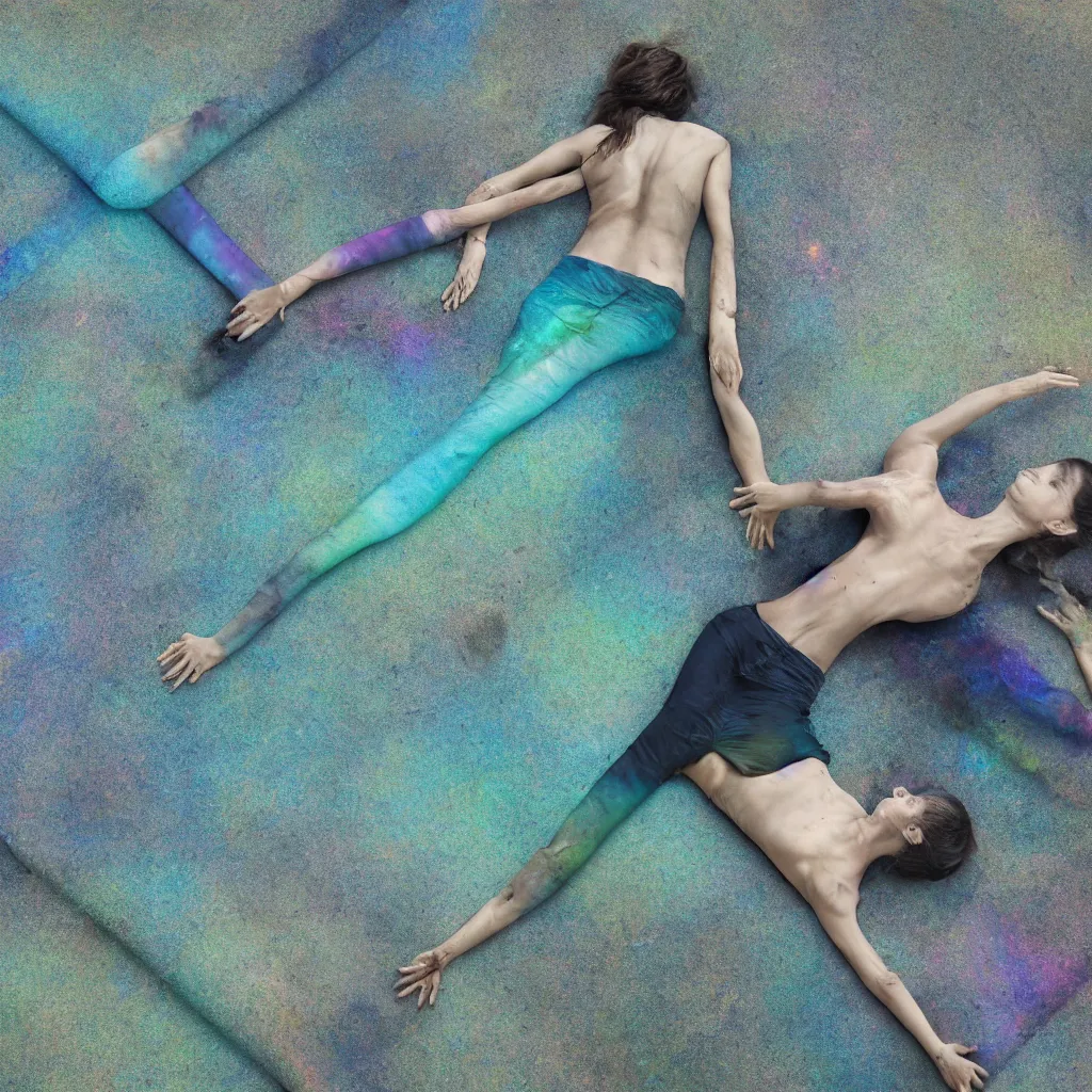 Prompt: overhead view of iridiscent oil slick and eroded stones with a woman's corpses connected by a transparent pipe to a baby buried relaxing on yoga mat, faded, gradient, depth of field, ultra realistic, very detailed, glitch, by nadav kander, 8 k hyper realistic detailed cinematic