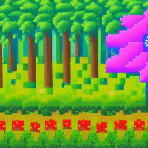 Image similar to overdetailed pixel art of a big flower on a beautiful meadow in the middle of a clearing of a forest, hd, cinematic