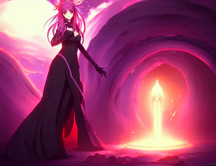 Image similar to a dark lady emerges from the portal and the forces of light cower, by nashimanga, anime illustration, anime key visual, beautiful anime - style digital painting by wlop, amazing wallpaper