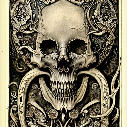 Image similar to memento mori by arthur rackham, art forms of nature by ernst haeckel, exquisitely detailed, art nouveau, gothic, ornately carved beautiful skull dominant, intricately carved antique bone, art nouveau botanicals, ornamental bone carvings, art forms of nature by ernst haeckel, horizontal symmetry, arthur rackham, ernst haeckel, symbolist, visionary