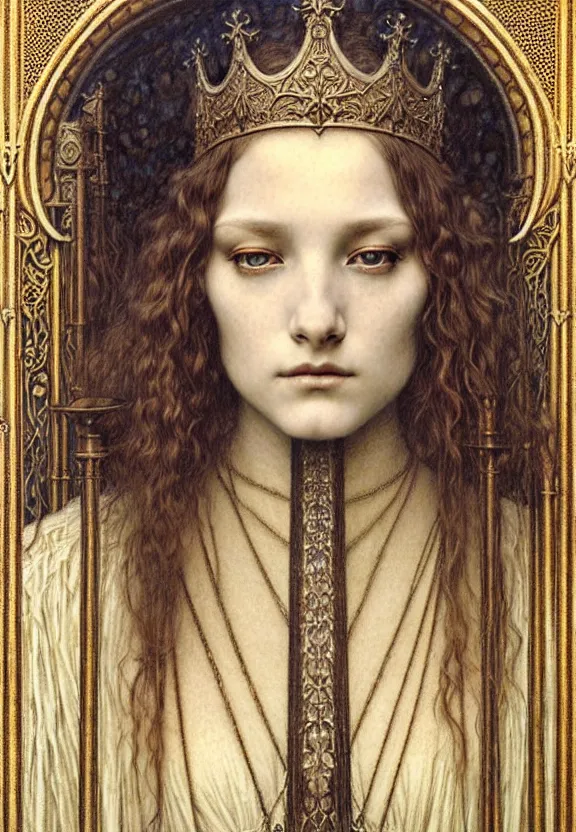 Image similar to detailed realistic beautiful young medieval queen face portrait by jean delville, gustave dore and marco mazzoni, art nouveau, symbolist, visionary, gothic, pre - raphaelite. horizontal symmetry