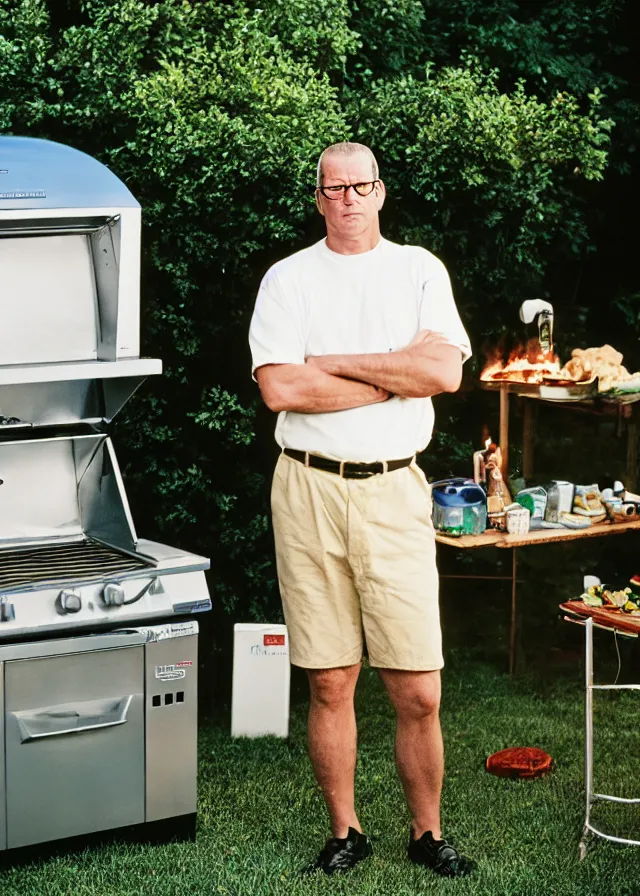 Prompt: live action hank hill standing next to a propane grill in a suburban backyard, portrait photo taken by annie leibovitz, dramatic lighting, 8 5 mm f / 2. 4, kodak portra, color film