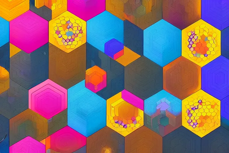 Prompt: abstract colorful painting of hexagons, intricate, highly detailed, digital painting, hq, trending on artstation, illustration, style of stanley artgerm and greg rutkowski and dan mumford
