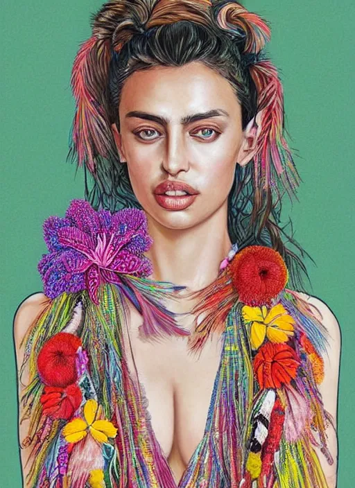 Image similar to beautiful portrait of Irina Shayk wearing fantastic Hand-dyed cotton dress,embellished beaded feather decorative fringe knots ,colorful pigtail,subtropical flowers and plants,symmetrical face,intricate,elegant,highly detailed,8k,digital painting,trending on pinterest,GUCCI,PRADA,harper's bazaar,concept art, sharp focus, illustration,by artgerm,Tom Bagshaw,Lawrence Alma-Tadema,greg rutkowski