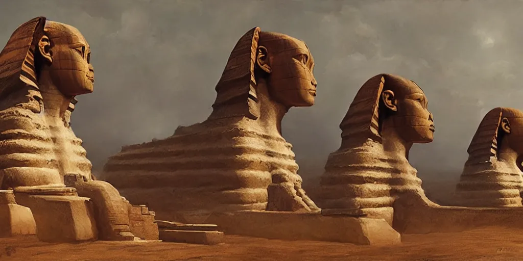 Image similar to 2 guardian sphinx looking at each other, greg rutkowski, 8 k, shallow depth of field, moody lighting, golden hour, ultra high detail, concept art,