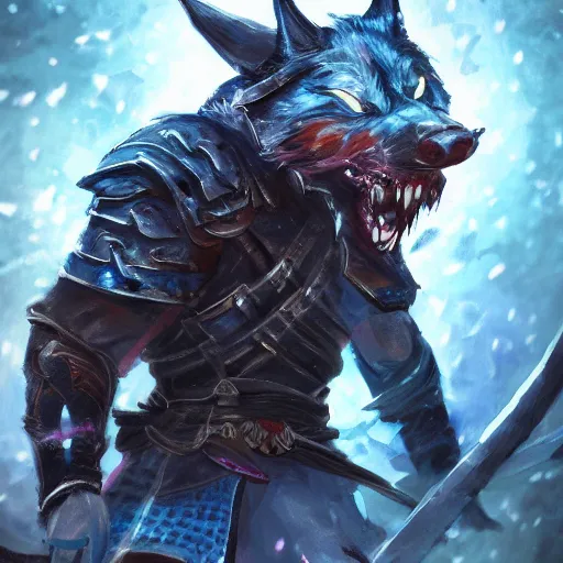 Image similar to anthropomorphic Azure samurai wolf, DnD character art portrait, fantasy battleground, raining, fire, oil painting, heroic pose, magic the gathering artwork, D&D, fantasy, cinematic lighting, centered, symmetrical, highly detailed, digital painting, artstation, concept art, smooth, sharp focus, illustration, volumetric lighting, epic Composition, 8k, art, DeviantArt, trending on Artstation, Jason Felix, Steve Argyle, Tyler Jacobson, Peter Mohrbacher, Akihiko Yoshida, Greg Rutkowski, Craig Mullins, Frank Frazetta, cinematic lighting